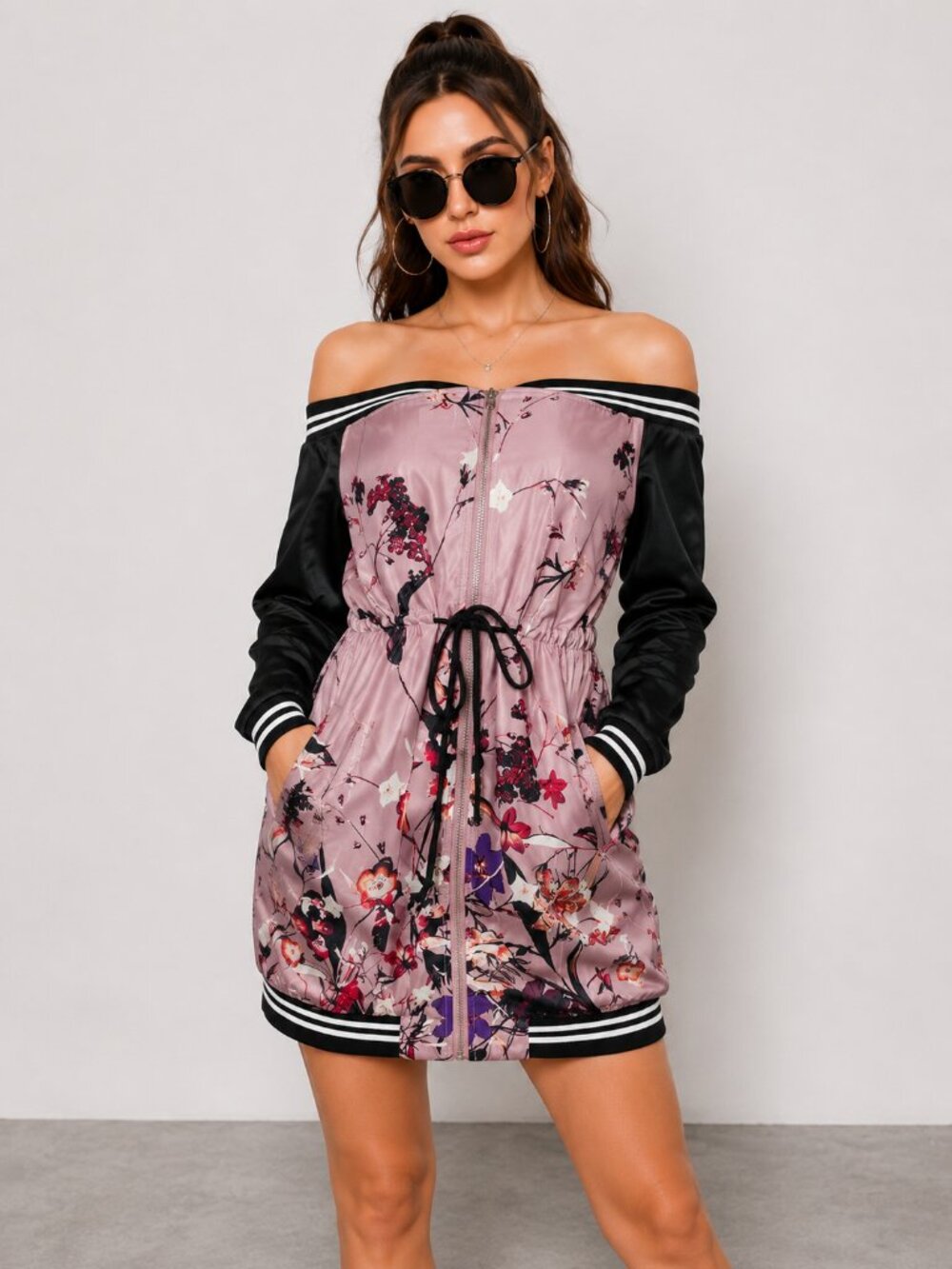 Pink Black Floral Luxe Satin Bomber Dress Off Shoulder NWT